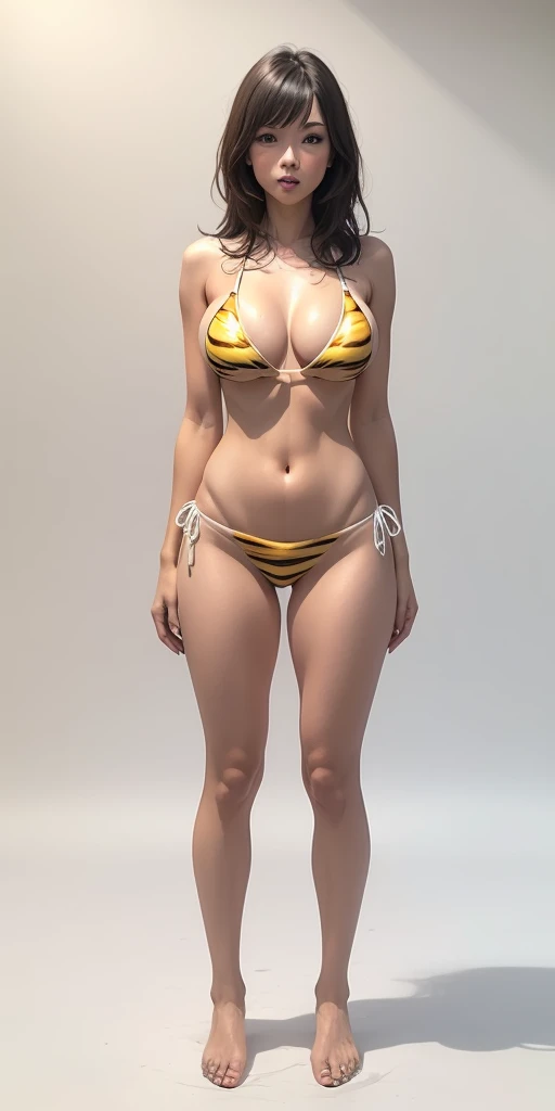 full body standing woman, yellow tiger bikini, white background