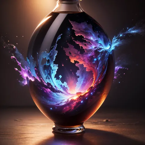 An extraordinary masterpiece that captures the essence of a nebula in a seemingly ordinary glass bottle. Rendered in stunning 8k resolution, This work is very detailed, Demonstrate impeccable quality that truly makes a difference, (Midnight background)