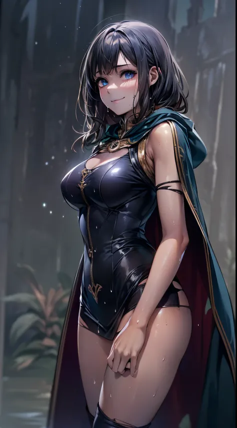 One lady,12year old,(() ,((())), (()), (())((Im opening my mouth)),((micro skirt, bodysuit and short cloak))(A smile),Wet with sweat,(A dark-haired,),((Fantasy,natta))((Clothes are torn))