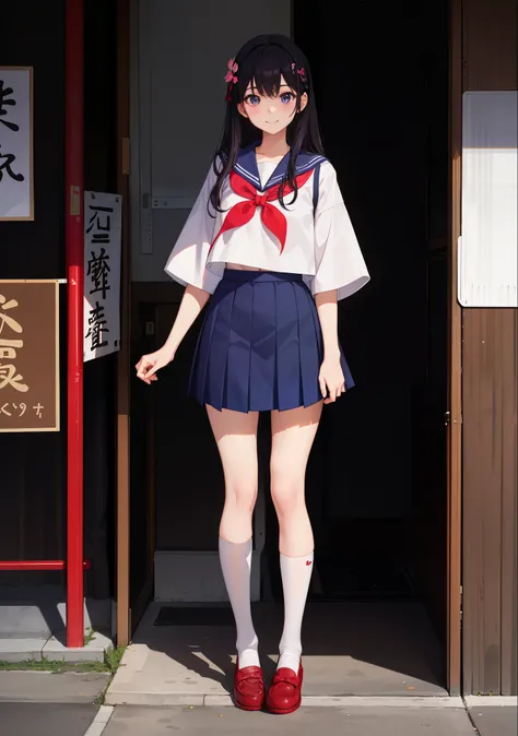 1girl in、A smile、The shirt、skirt by the、Light in the eyes、（highlight in eyes）、（small tits）Chilarism、Japan High School Student Uniform、serafuku、summer clothing、（Portrait from the knee up）、