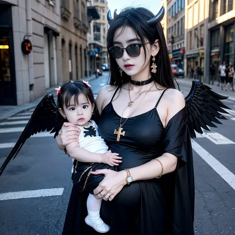 sunglasses, 1 girl with jesus, black dress, wings, black wings, angel, halo, demon horns, standing on the street, choker, midget...