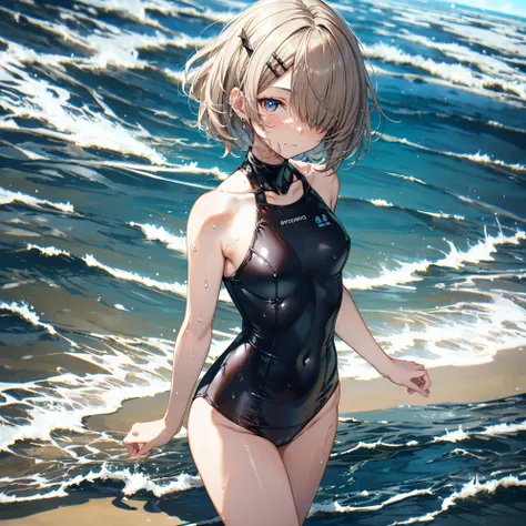 of the highest quality, anime moe art style,Best Anime 8K Konachan Wallpapers,Pixiv Contest Winner,Perfect Anatomy, BREAK,(Draw a picture of a girl in a swimsuit walking on the beach.),BREAK, 1girl is a beautiful girl with poor luck.,(Solo,Lori,child,14yea...