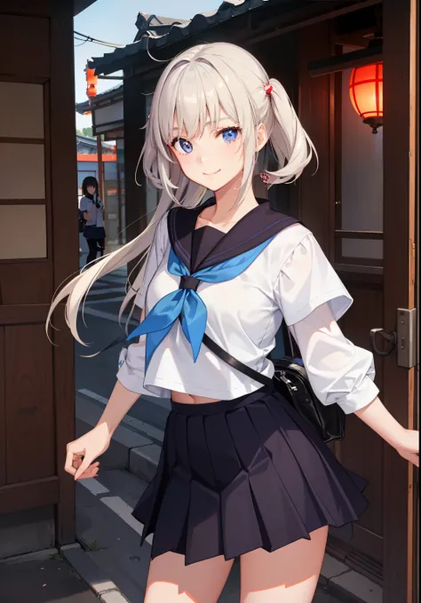 1girl in、A smile、The shirt、skirt by the、Light in the eyes、（highlight in eyes）、（small tits）Chilarism、Japan High School Student Uniform、serafuku、summer clothing、（Portrait from the knee up）、