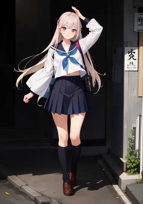 1girl in、A smile、The shirt、skirt by the、Light in the eyes、（highlight in eyes）、（small tits）Chilarism、Japan High School Student Uniform、serafuku、summer clothing、（Portrait from the knee up）、