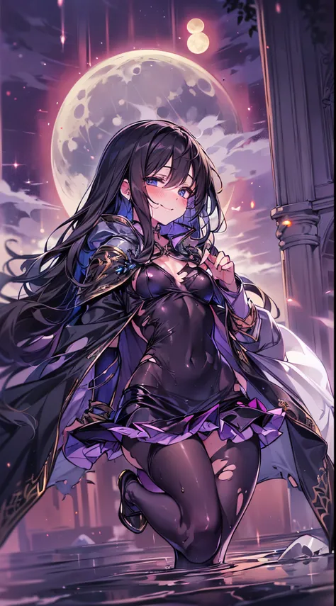 One lady,12year old,(() ,((())), (()), (())((Im opening my mouth)),((micro skirt, bodysuit and short cloak))(A smile),Wet with sweat,(A dark-haired,),((Fantasy,Moon Night))((Clothes are torn))