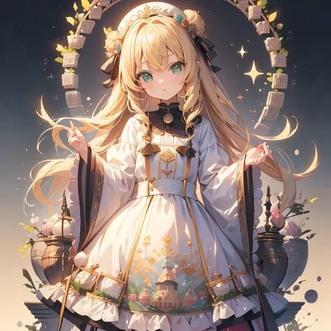 Blonde Long Hair、Hair tip perm、girl with、Green eyes、front facing、Cheek cane、The upper part of the body、Rabbits around、Chocolate House、cute little、House of sweets、