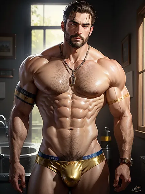 ((best quality)), ((masterpiece)), (detailed), Mike Mentzer, 1men, v-shaped body, dark room, renaissance, short hair, black hair, facial hairy, beard, detailed eyes, muscular chest, (narrow waist), hairy chest, pubic hair, hairy arms, bubble ass, topless, ...