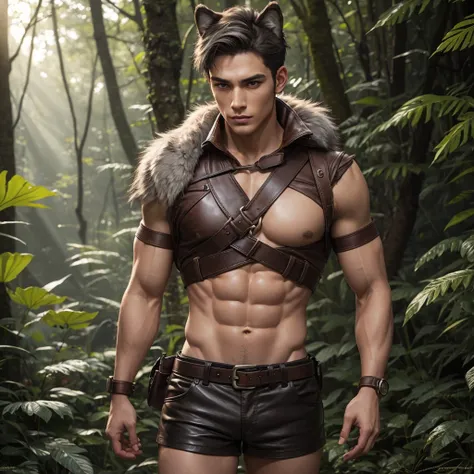 very attractive 23 year old man, fit, stunning, v-shaped torso, high cheekbones, defined jaw, dark short hair, brown leather, harness, very short shorts, brown leather shorts, brown leather arm bands, gray furry wolf ears, gray wolf tail, ultra realism. mi...