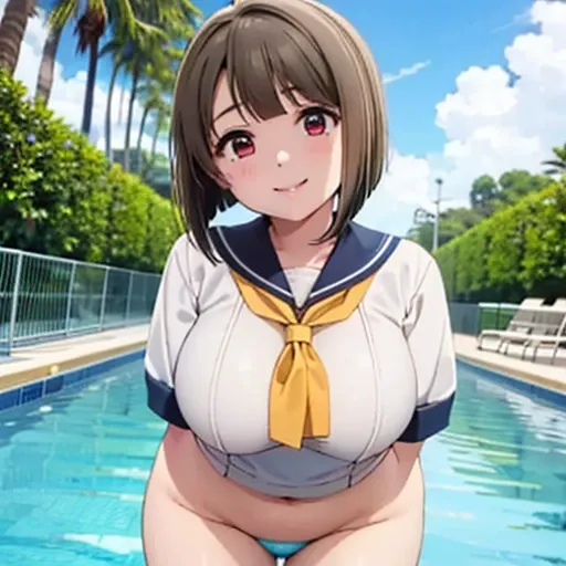 17 age, girl with, a sailor suit,slightly larger udder,Narrow waist, Hairstyle is a bob cut, Poolside background,Smiling face,full bodyesbian,A pose that says “come here”