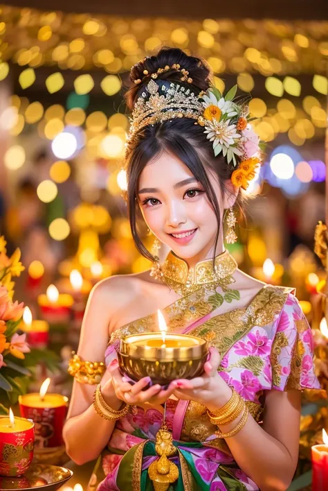 A woman holds a lit candle in her hand in front of a lit candle.., lotus floral crown girl, anime thai girl, traditional beauty, ChineseGirl, 🔞🤡, beautiful south korean woman, tithi luadthong, sukhothai costume, dilraba dilmurat, nivanh chanthara, beautifu...