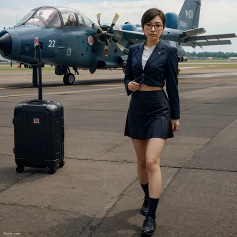 Japanese girl, short cut, round glasses, business suit, tight skirt, air force base, runway, outdoor, transport plane