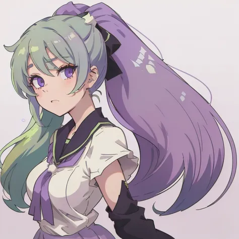 anime school girl, light green hair ponytail , Light purple eyes, White background, upper half body