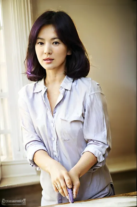 a woman with a white shirt and purple hair is posing for a picture in a clean kitchen with morning sun coming through the window...