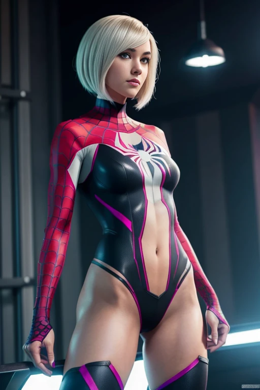 4k highly detailed realistic spider gwen from marvel comics, black short undercut bob hairstyle, ((sharp Jawline)), (full body Including Legs), Seduction and fantastic poses