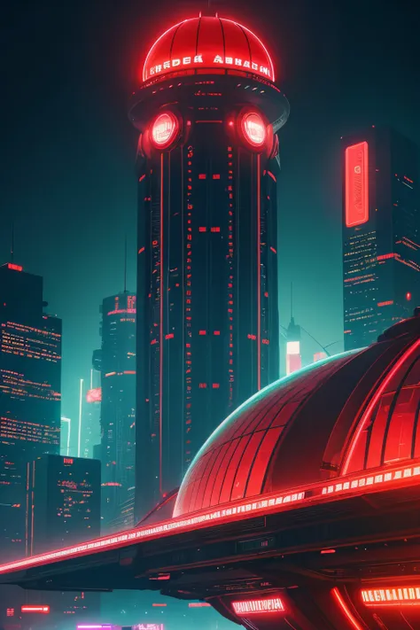 a futuristic digital photo of red skyscraper with a (bright neon-red glass dome), street level-view, dynamic angle, in the style of synthwave, realistic and hyper-detailed renderings, algeapunk, dark and gritty cityscapes, futuristic spacecraft design, lon...