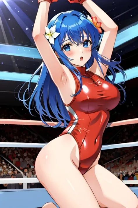 caeda fe, 1girl, solo, looking at viewer, ((Tight leotard)), ((sexy pose)), ((Wrestling ring)), blush, :o, red bikini, cowboy shot, hair flower, ((swimsuit)), large breasts