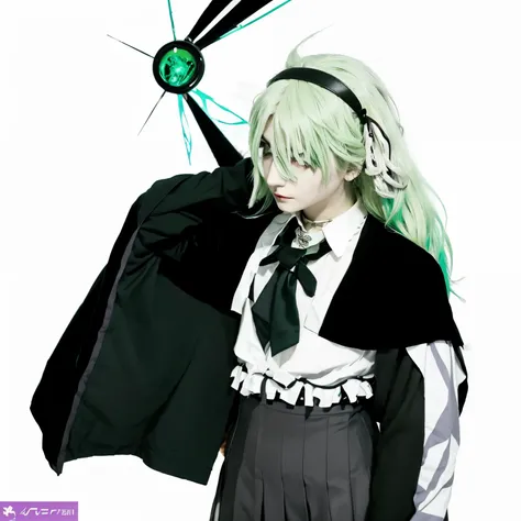 ouji style, goth, light green hair, man, pretty, cult, vaporwave