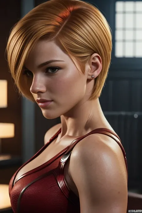 4k highly detailed realistic mary jane watson from marvel comics, blonde short undercut bob hairstyle, ((sharp Jawline)), (full body Including Legs), Seduction and fantastic poses