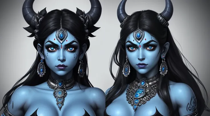 Kali, Goddess of Destruction, corpo azul, rosto intimidador e bonita, colar de caveiras