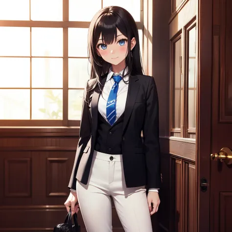 1GIRL , Yukinoshita yukino , Yukinoshita yukino,woman in formal attireactive suit tuxedo tailcoat standing in a large alcove in the room, 1girl, solo, necktie, black hair, blue eyes, long hair, smile, jacket, looking at viewer, shirt, pants, blue necktie, ...