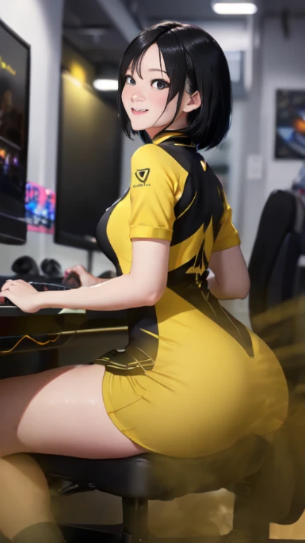 ((velocity)),Attacked by farts, (((Women farting))),(girl farting while seat on seat and playing game on smartphone)),smiled,blushing,velocity,(a female pro player), (wearing a yellow RRQ e-sport jersey and tight dress),(tighhighs),(sit facing the screen),...