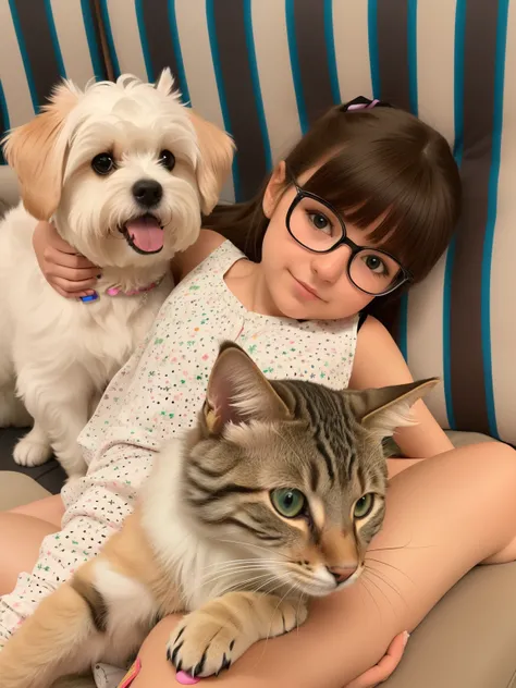 there is a girl sitting on a sofa with a cat and a dog, with dogs, com gatos ao seu lado, there is a cat next to her, com gato pequeno no colo, tomada em 2 0 2 0, Directed by: Bernie DAndrea, Directed by: Nandor Soldier, Pets, segurando seu yorkshire terri...