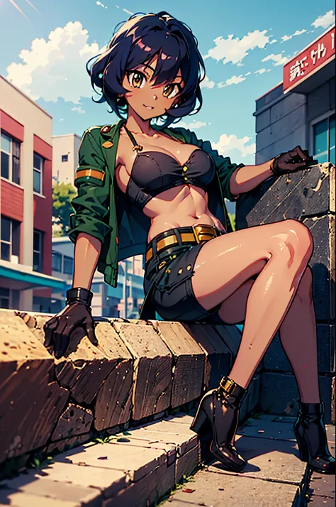 (Best quality, good anatomy, complete body, anime eyes) 1 girl, Selen Garcia (Beyblade), solo, dark skin, brown eyes, black hair, short hair, black top, militar jacket, brown gloves, shorts, belt, platform heels, sitting.