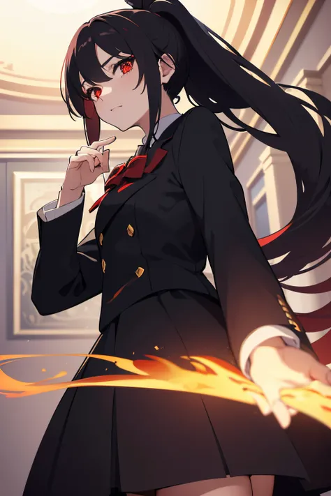 villainous yandere young woman in a fancy mansion, fiery lighting, (long black ponytail hair, red eyes, school uniform,) ((view from below subject))