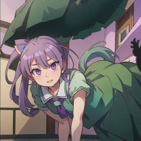 anime school girl, light green hair ponytail , Light purple eyes, chasing a cat, School Background