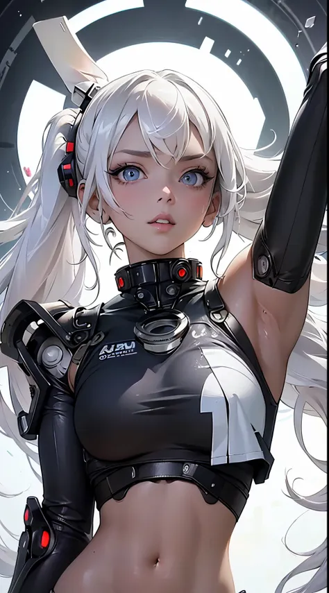 (masterpiece, top quality, best quality, official art, beautiful and aesthetic:1.2), full body, Beautiful young girl looking at camera, ((fisheye photo)), perfect detailed face, cyberpunk blurry background, futuristic cyber soldier sexy outfit, underwear d...