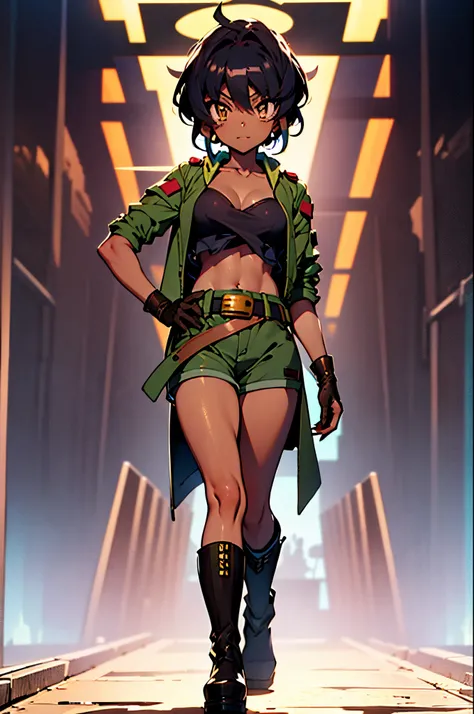 (Best quality, good anatomy, complete body, animev brown eyes) 1 girl, Selen_(Beyblade), solo, dark skin, brown eyes, black hair, short hair, black top, militar jacket, brown gloves, shorts, belt, platform boots.