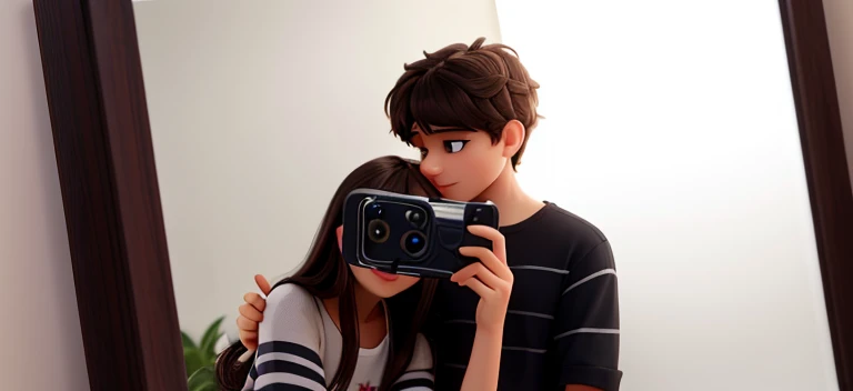 there is a man and woman taking a selfie in a mirror, in love selfie, high quality photo, thw boy is kissing the girl head. While the girl is laying to the boy. together cutely, couple pose, high quality photograph, lovely couple, couple, the boy is wearin...