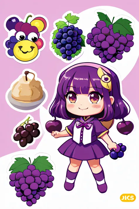 High resolution, a sticker, Grape mascot character, japanese anime style