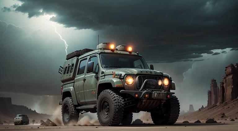 "Ural-4320, Sci-fi post-apocalyptic truck, Modulated by a life support module, Surrounded by a gray desert, Full-face view, future, Sateen, storm: hiquality, ultra detialed, Brutal "