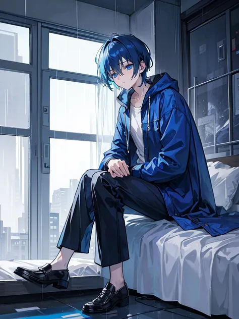 A sad alone depressed boy sleeping, sitting on his bed,watching over the window on his side where it is heavily raining.alone in his room sleeping,sitting and standing.blue hair,blue eyes,wearing blue balck jacket coat and pants