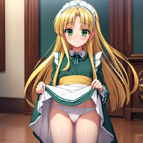 beautiful long blonde　Green eyes　Asians_Plata　Alone　maid clothes　Skirt lift　white  panties