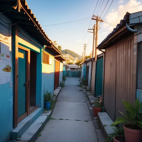 Personalized image in a favela in Rio de Janeiro , Com Uma Mochila Verde Nas Costa, hmm von de uvido, Bermuda and Tennis. Desenvolver uma imagem,Add a visually striking obstacle, which symbolizes the task, which must be overcome.,Include items, symbolizing...