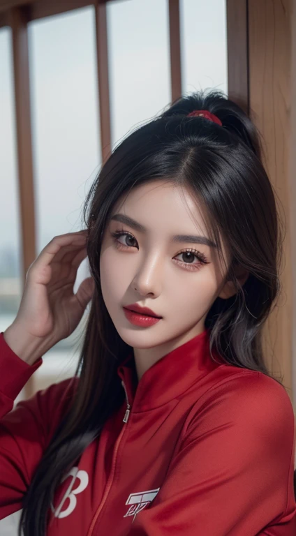 ChineseGirl，red track suit，cabelos preto e longos，黑The eye，lipsticks，Delicatemakeup，exquisite facial features，facing at the camera，8K，Best Picture Quality，high high quality，