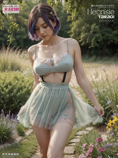 Masterpiece, superlative, Spring dress, Colored hair, plein air, Magazine covers, Transparent short skirt,, suspenders, Light tulle, Wide Buttocks, thin-waist, Smooth, soft and delicate skin