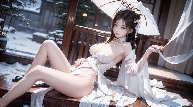 (top-quality、tmasterpiece:1.2)，Teenage girl，Single braid，white color hair、Smooth skin、Beautiful mouth、Smooth legs、Plump body，Chinese style pocket cloth，Gorgeous Chinese cheongsam，themoon，Lying in the snow，bedridden，Riding position，Visible on the back，Butt ...