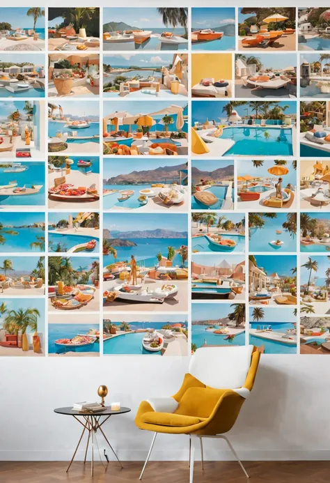 9 postcards wall by Slim Aarons, compact, maintaining a clean and precise aesthetic, no_human, intricate, (best quality, masterpiece, Representative work, official art, Professional, unity 8k wallpaper:1.3)