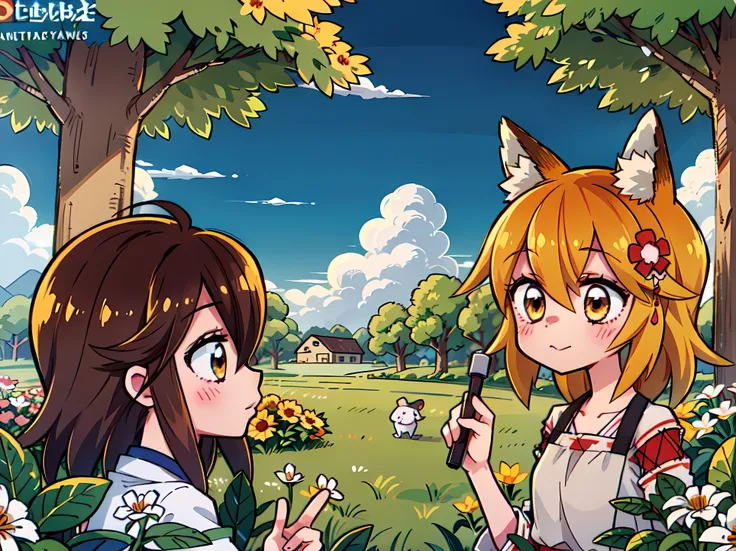 a girl, fox ears, field, orange flowers. super detailed, detailed ears, detail eyes, girls 4k, detailed flowers, beautiful cloud...