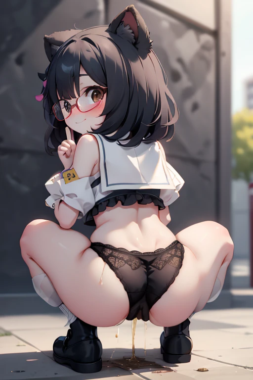 (On a table, Best quality at best),1 girl in, Shoulder-length black hair, Eyes are brown,Black glasses，Bloom is a little embarrassed、Looks pleased，it feels good、A sense of openness、looks like you&#39;floor plan about ，tearful，Eyes are brown,Cute big breast...