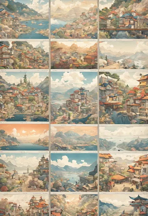 9 postcards wall by Akihiko Yoshida, compact, maintaining a clean and precise aesthetic, no_human, intricate, (best quality, masterpiece, Representative work, official art, Professional, unity 8k wallpaper:1.3)