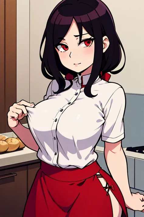 Chica anime gordita con cabello largo y negro, camisa blanca y delantal cocinando, Marin Kitagawa Fanart, OPPAI, (SFW) Seguro para el trabajo, Proporciones OPPAI, completamente vestido!!!, Anime Moe Artstyle, Arte Oficial, Estilo anime ecchi, con unos pech...