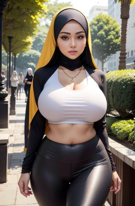 RAW, Best quality, high resolution, masterpiece: 1.3), beautiful Malay woman in hijab,Masterpiece, perfect slim fit body, (big breasts), big gorgeous eyes, Soft smile, wear a tight shirt & tight leggings, necklace, shairband, afternoon walk, City garden, E...