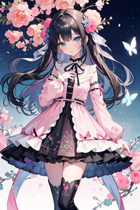 Her hair is flowers, intricate detailes, An ultra-fine illustrations, Beautifully painted, Whole body, Girls Front, Eyelashes, Head tilt, neat figure, 1 girl, Young girls, Black Long Straight, Parted bangs, Beautiful and detailed rune tails, Detailed black...