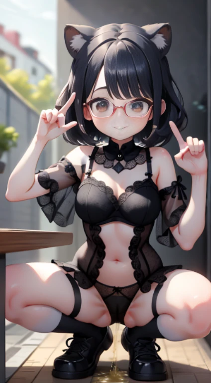 (On a table, Best quality at best),1 girl in, Shoulder-length black hair, Eyes are brown,Black glasses，Bloom is a little embarrassed、Looks pleased，it feels good、A sense of openness、looks like you&#39;floor plan about ，tearful，Eyes are brown,Cute big breast...