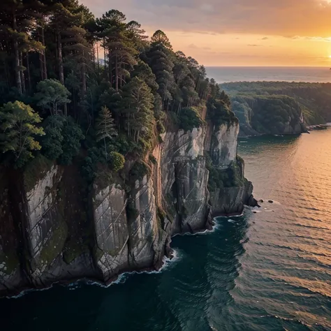 A cliff with water and tall trees, sunset