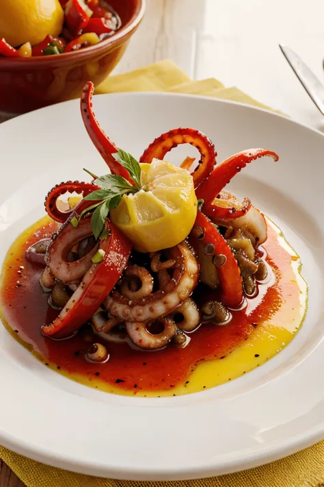 a plate with octopus tentacles in sauce accompanied by some red peppers and lemon cut in half in realistic photography